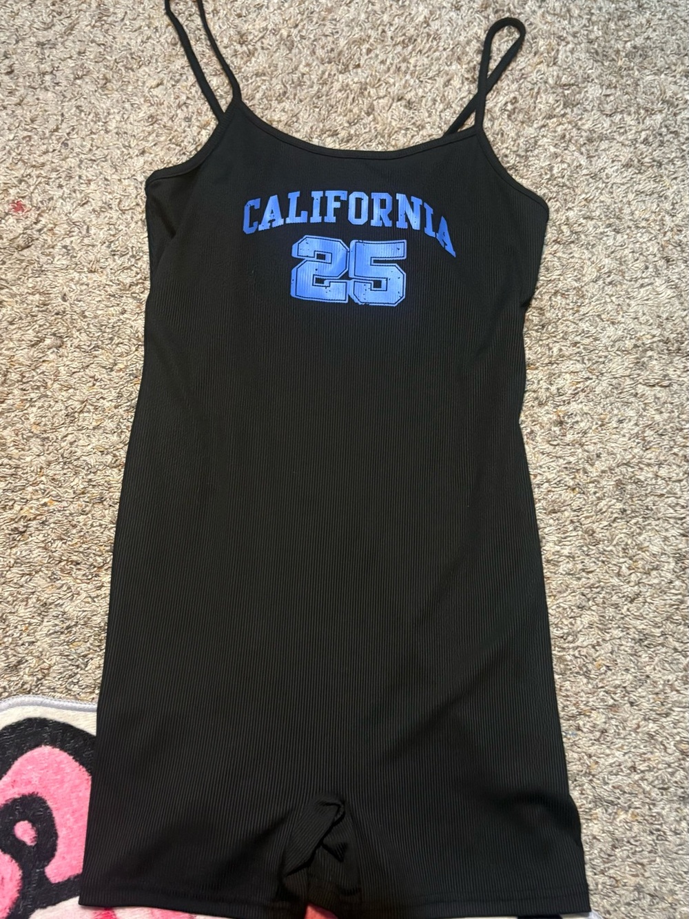 Black 'California 25' Ribbed Spaghetti Strap Romper